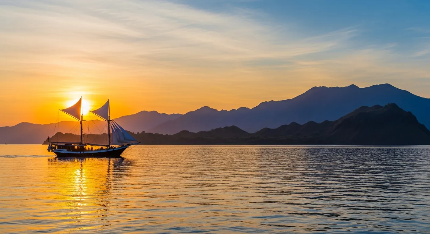 Phinisi sailing boat at sunset near Labuan Bajo, Komodo